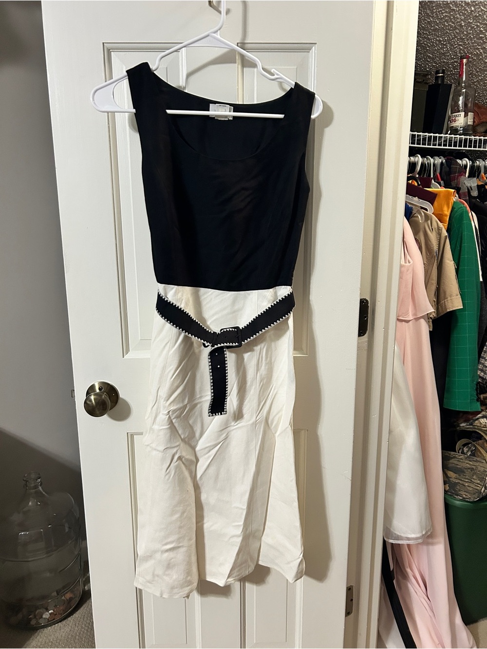 LOFT Black and White Sleeveless Belted Midi Jumpsuit